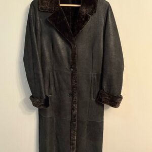 Blue Duck Long Shearling Coat with Brown Trim